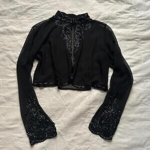 Vintage Black beaded JMD New York sheer high neck hook eye overlay blouse bolero